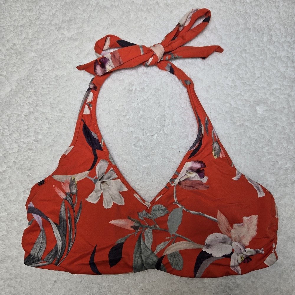 Athleta Orange Floral Bikini Halter Top Size Large No Underwire Hawaiian